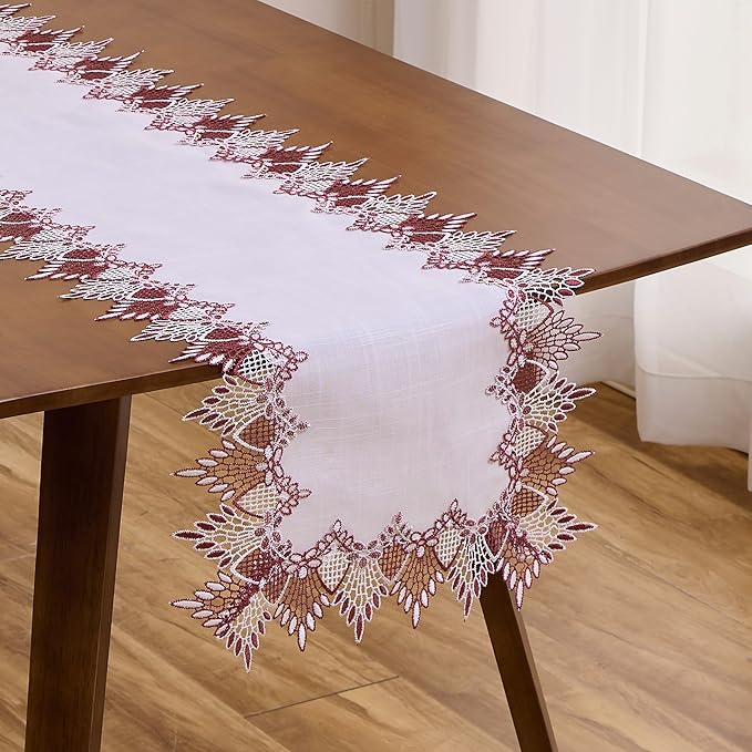 Raedan White Dark Red Lace Table Runner 108 inches Long, Claret Dresser Scarf Table Topper for Christmas Kitchen Coffee Table Wedding Party Home Decor (Dark Red, 16?쓝108??