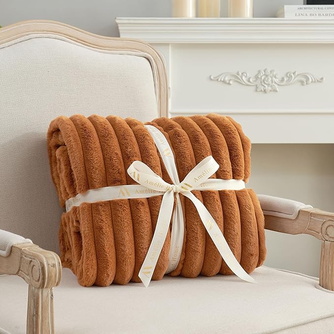 Am챕lie Home Faux Fur Throw Blanket for Couch, Cozy Fuzzy Fluffy Fur Luxurious Soft Striped Plush Gift Blankets for Family Sofa Chair Bedroom, 55"x70", Brown