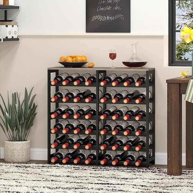 6 Tier Bamboo Wine Rack with Table Top, Freestanding 48-Bottle Wine Storage Shelf, Wine Display for Kitchen, Bar, Dining Room, Living Room, Ivory White and Black