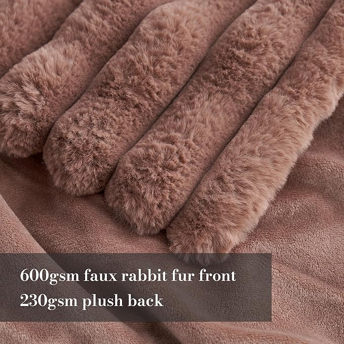 Am챕lie Home Faux Fur Throw Blanket for Couch, Cozy Fuzzy Fluffy Fur Luxurious Soft Striped Plush Gift Blankets for Family Sofa Chair Bedroom, 55"x70", Light Coffee