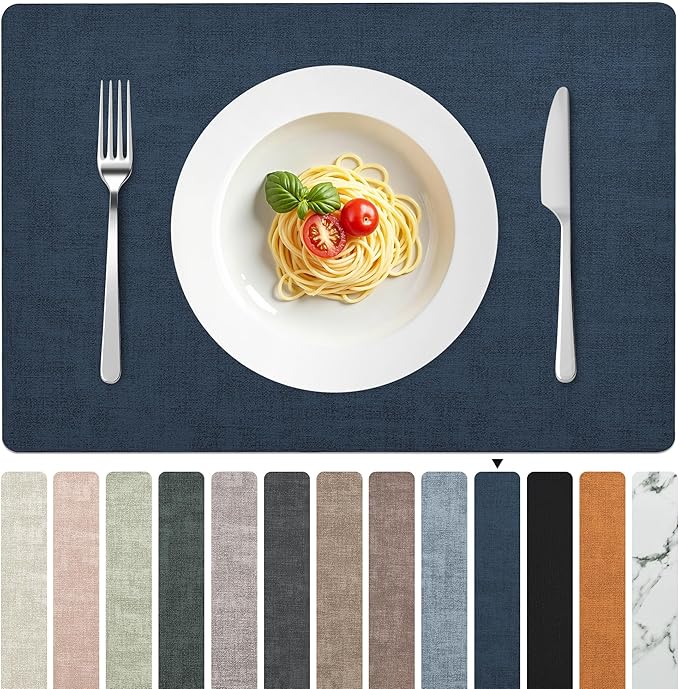 FROMHEART Faux Leather Placemats Set of 12?밯aterproof,Heat/Oil Stain-Resistant PU Table Mat?밨eversible,Non-Slip,Easy to Clean Place Mats for Kitchen,Dining,Indoor/Outdoor,(Dark Blue,11.8" x 17")