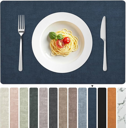 FROMHEART Faux Leather Placemats Set of 12?밯aterproof,Heat/Oil Stain-Resistant PU Table Mat?밨eversible,Non-Slip,Easy to Clean Place Mats for Kitchen,Dining,Indoor/Outdoor,(Dark Blue,11.8" x 17")