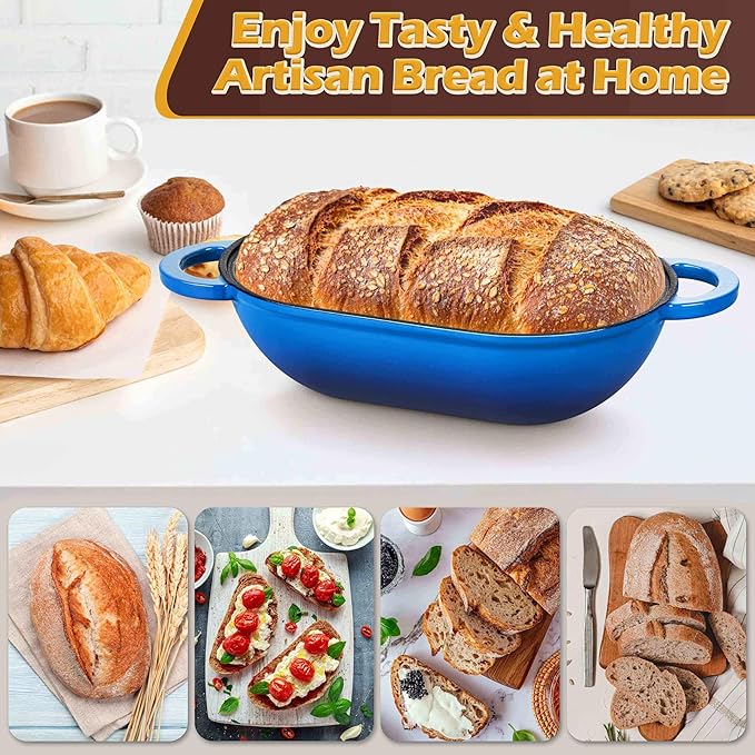 Homikit Enameled Cast Iron Dutch Oven for Bread Baking, 2.8 QT Oval Bread Oven Pot with Lid, Sourdough Loaf Iron Dutch Oven Pan for Roasting Cooking, Blue & Heavy Duty