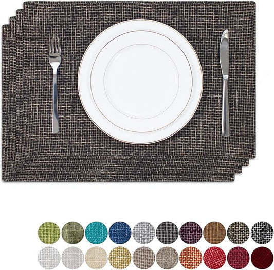 Placemats by Kevin Textile Set of 4 Heat Resistant Dining Table Place Mats Kitchen Table Mats, 13" x 19", Black Gold