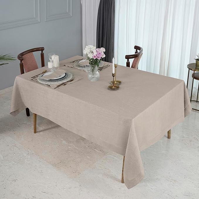 D'Moksha Homes Natural Linen Tablecloth for Rectangle Tables 60 x 144 Inch - 100% Pure Linen Natural Table Cloth - Classic Hemstitch, Machine Washable Dining Tablecloth for Valentines, Spring, Easter