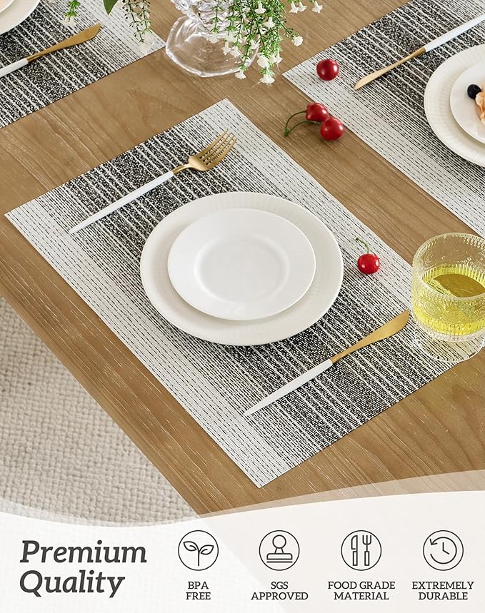 Leetaltree Black with White Woven Placemats Set of 12 - Heat Resistant Non-Slip Place mats for Dining Table, Washable Durable PVC Vinyl Woven Table Mats(Black with White, 12)