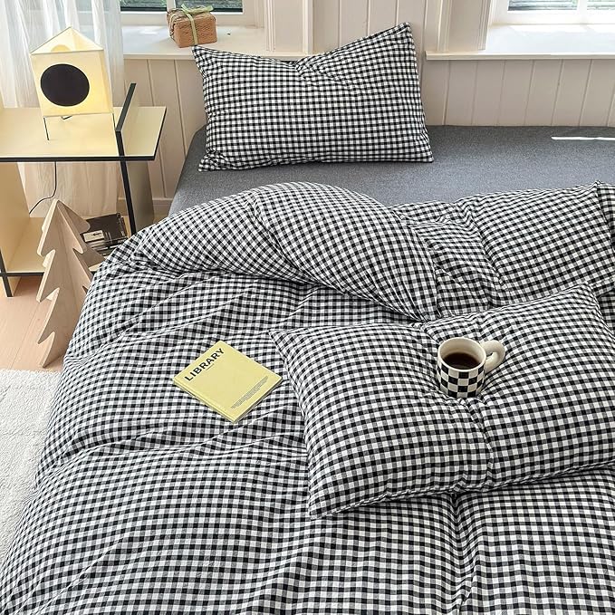LifeTB Black Gingham Comforter Full Size Boho Plaid Checkered Pattern Comforter Geometric Grid Plaid Printed Bedding Comforter Set with 2 Pillowcases Fluffy Bed Luxury Soft Gingham Bedding Set Full