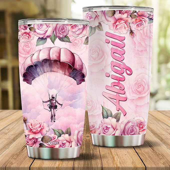 Personalized Skydiving Parachute Coffee Cup Mug Tumbler for Women, Girls, Wife, Daughter, Insulated Stainless Steel 20oz Gift for Christmas, Birthday, Mother's Day, Valentine