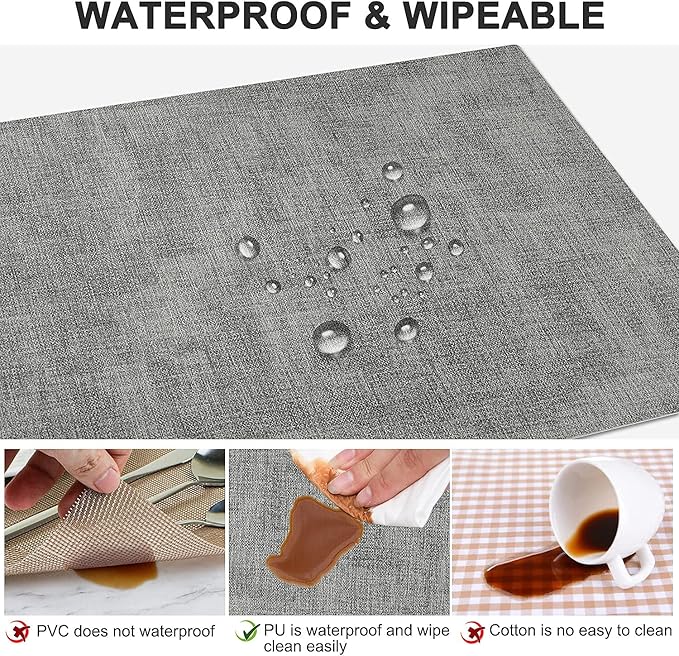 LANDVIEW Leather Heat Resistant Placemats Set of 6 Waterproof Wipeable Washable PU Table Mats,Easy to Clean Anti-Slip Place Mats (Light Grey, 6)