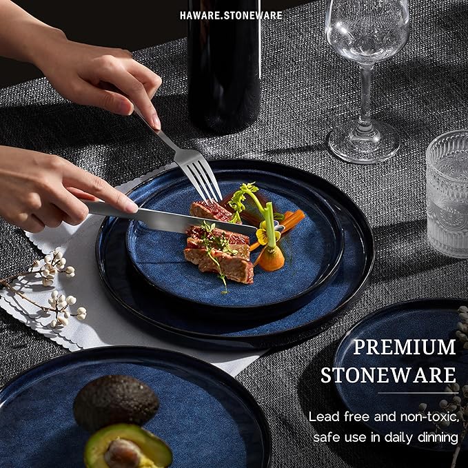 HaWare Dinnerware Sets, 16-Piece Plates and Bowls Set, Stoneware Dish Set for 4, Ceramic Dishware Set for Pasta Cereal, Chip and Scratch Resistant, Microwave and Dishwasher Safe, Reactive Starry Blue