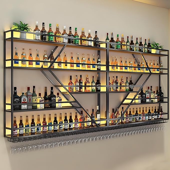 Wall Mounted Wine Rack, Large Metal Wine Bottle Holder, Modern Fashion Diamond Shaped Floating Bar Unit Wine Storage Shelves, for Home Restaurant Bars Decor (Black, 4 Tier - 63in)