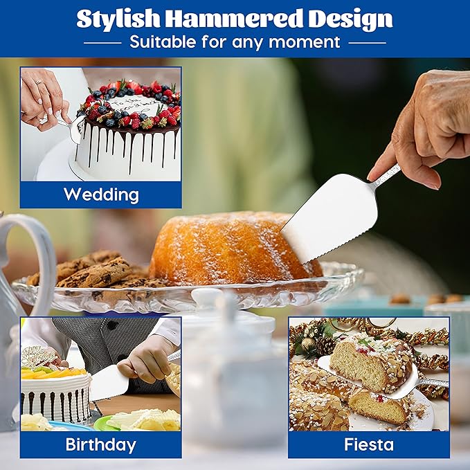 5-Piece Pie Server, E-far Hammered Stainless Steel Cake Server Spatula Cutter for Pastry Cheese Pizza, Serrated Edge with Round Handle, Mirror Polished & Dishwasher Safe-9 Inch