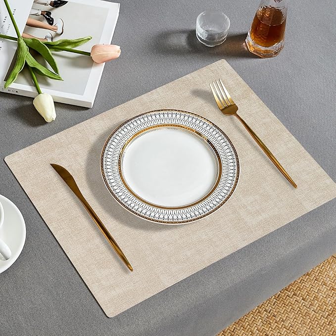 Boobezeen Faux Leather Placemats Set of 6, Heat Resistant Wipeable Washable Vinyl Place Mats, Waterproof Anti-Slip Dining Table Mats, Suitable for Indoor & Outdoor Use (Beige)