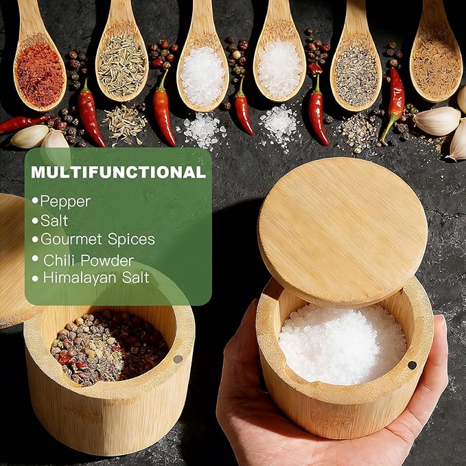 Ninsula Bamboo Salt Cellar, 360째 Magnetic Swivel Lid Salt Container with Built-in Spoon for Storing Table Salt, Pepper, Sugar, Sea Salt, Spices, and Herbs