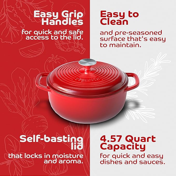 Segretto Cookware Enameled Cast Iron Dutch Oven with Handle, 4.57 Quarts, Rosso (Red) 4.57 qt Oven Safe Pot With Lid Ceramic Enamel Cast Iron Pot Cookware for Bread Baking, Soups