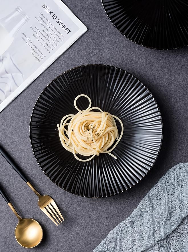 CLAY TONIC Set of 4-8.8 Inch Japanese Style Porcelain Round Dinner Plates, Versatile Circular Serving Plates for Pasta, Salad, Steak Dinner (Black, 8.8 Inches)