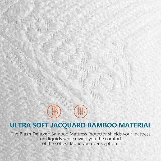 PlushDeluxe Premium Bamboo Mattress Protector ??Queen Size, Waterproof, & Ultra Soft Breathable Noiseless Washable Bed Mattress Cover for Comfort & Protection - White