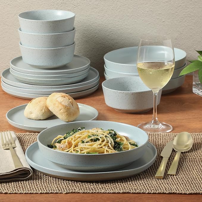 Gibson Elite Overbrook 16-Piece Pottery Clay Stoneware Dinnerware Set ??Light Blue Reactive Glaze, Stackable Plates and Bowls w/Pasta Bowl, Service for 4 ??Microwave & Dishwasher Safe