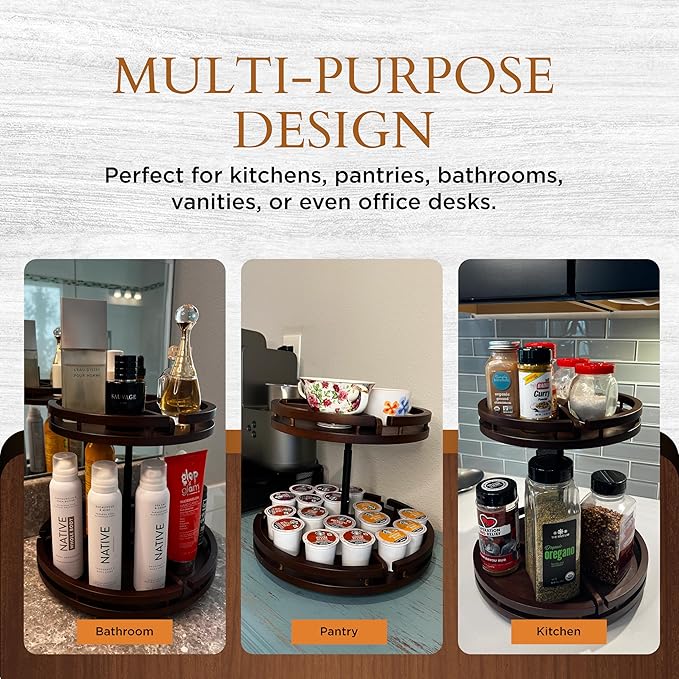 2 Tier Lazy Susan Organizer ??12" Bamboo Rotating Spice Rack Organizers with Adjustable Height Turntable for Cabinet, Pantry, Medicine Cabinet, Kitchen, Spinning Bathroom Counter Top Organizers