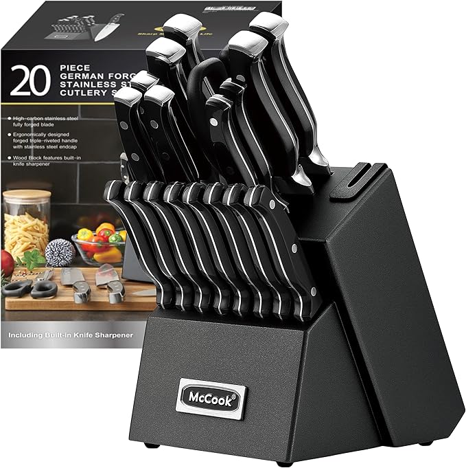 McCook짰 Black Knife Sets, German Stainless Steel Forged Kitchen Knives Block Set with Built-in Knife Sharpener
