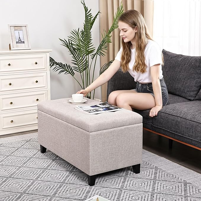Asense Rectangular Lift Top Storage Ottoman Bench Footrest, Large Space (Linen-Beige)