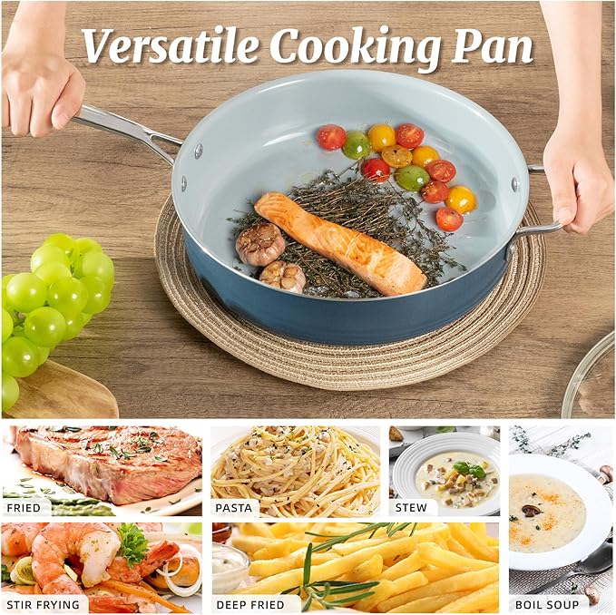 Nonstick Saut챕 Pan with Lid 5 QT Deep Frying Pan with Stainless Steel Helper Handle 12 inch Large Skillet Ceramic Jumbo Cooker for Healthy Cooking, Induction Compatible Cookware, PFOA Free