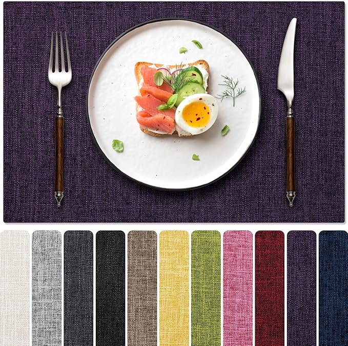 Blue Forest Placemats Set of 8, Dual-Layered Thickened Faux Linen Cloth Place Mats Heat Resistant Machine Washable Wrinkle Free Table Mats Indoor/Outdoor (Purple)