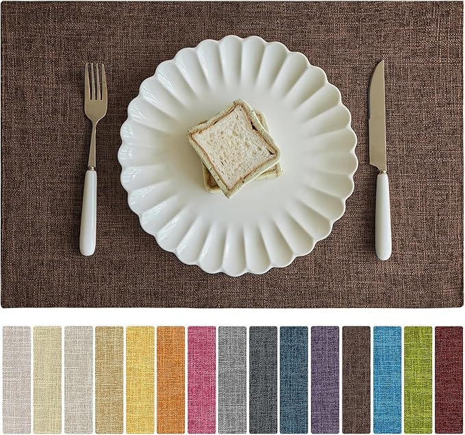 Softalker Faux Linen Placemats Set of 8-12 x 18 Inch, Heat Resistant Double Layered Durable Burlap Farmhouse Place Mats, Non-Slip Washable Rustic Table Mats for Dining, Kitchen, Party竊뉲ark Brown