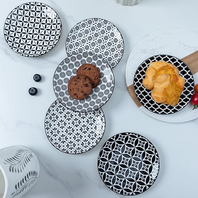 LEHAHA Ceramic 6'' Appetizer Plates Set of 6, Small Dessert/Salad Plates, Black Round Serving Plates, Porcelain Dinnerware Dishes for Cake, Waffle, Pasta,snacks, cookie, Microwave & Dishwasher Safe