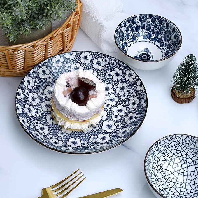 Cherry blossoms Ceramic Dinnerware Set for 2, 10-Piece Stoneware Plates and Bowls Microwave Safe, Elegant Blue Gift Box