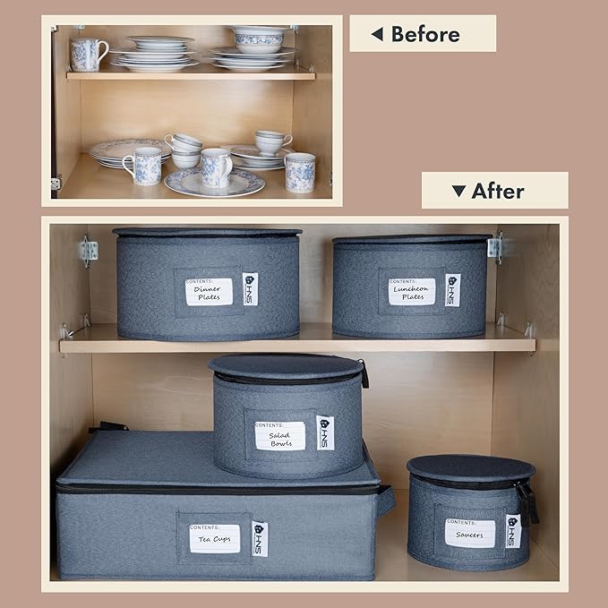 China Storage Hard Shell Containers 5-Piece Set Moving Boxes for Dinnerware, Glasses, Plates, Mugs and Saucers Sturdy Dish Organizer with Dividers for Seasonal Storage - Service for 12 - Denim Blue