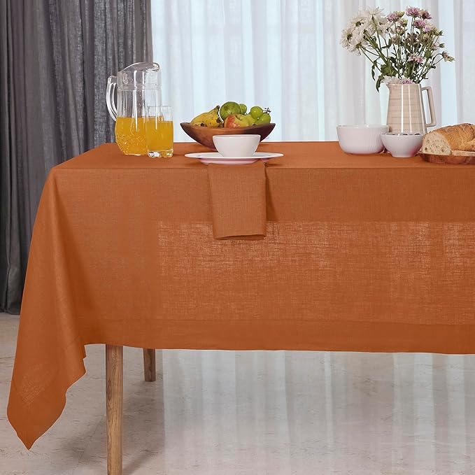 D'Moksha Homes Rust Linen Tablecloth 60 x 144 Inch - 100% Pure Linen Table Cloth for Rectangle Tables - Machine Washable Tablecloth for Spring, Easter