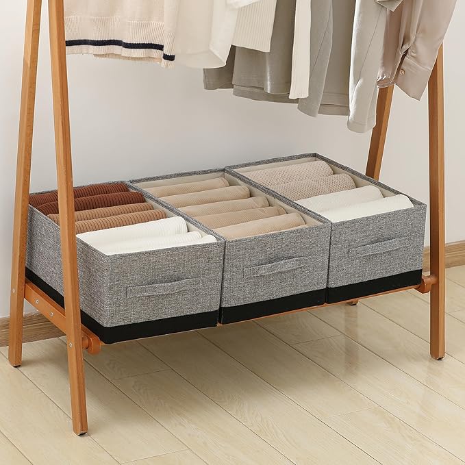 Linen Folding Storage Bins, 3 Pack Large Storage Baskets, Washable, Clothing Storage Bins with Handle, Closet Organizer for Storage Sweater,Sheets (gray black, 18쩍"x11"x8쩍")