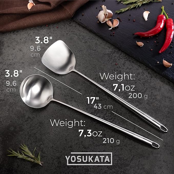 YOSUKATA 17?쇺?Wok Spatula and Ladle - Set of 2 Heat-Resistant Wok Tools - Universal Wok Ladle and Spatula - High-Grade 304 Stainless Steel Cooking Utensils and Wok Accessories - Solid Wok Utensils