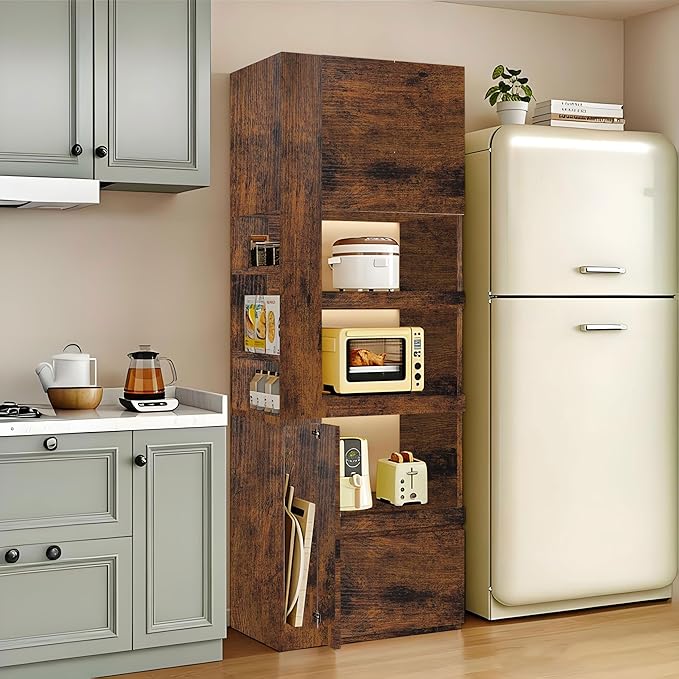 LINLIUA 71'' Tall Kitchen Pantry Cabinet, Wood Pantry Storage Cabinet with Doors, 3 Pull-Out Shelves and Drawer, Modern Slim Kitchen Hutch for Dining Room Small Space