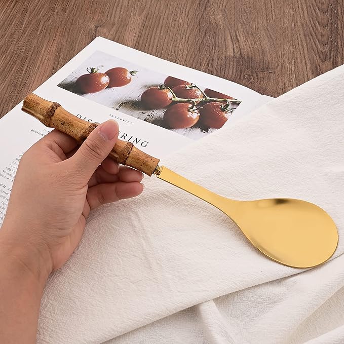 Natural Bamboo Handle Serving Spoons Set of 6, Large Size Stainless Steel Dinner Buffet Catering Banquet Serving Spoons, 10.0" Gold Big Ladle Tablespoons for Home, Family Serving Utensils