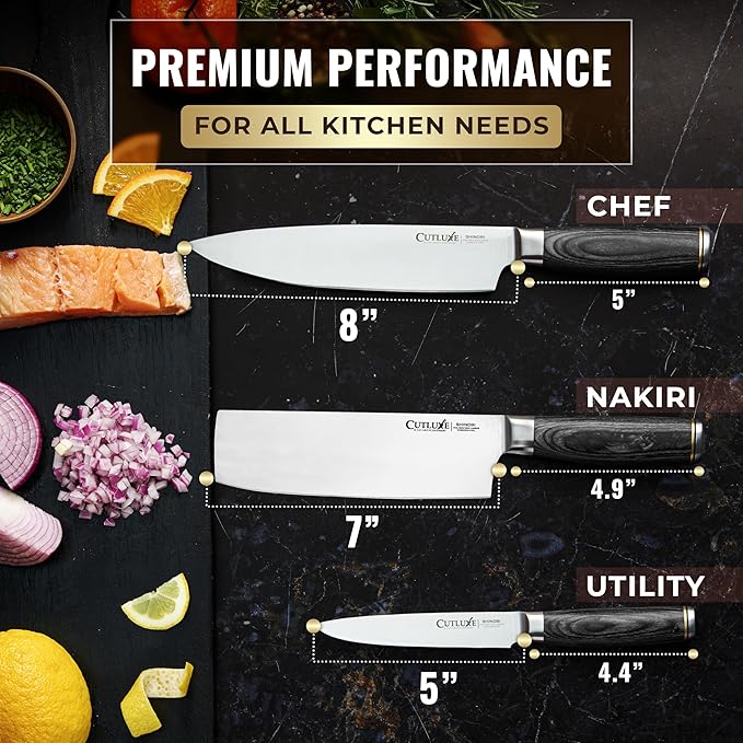 Cutluxe 3-Piece Chef Knife Set ??Ultra Sharp Japanese Kitchen Knives, High Carbon Stainless Steel Blades, Full Tang Pakkawood Handles ??Shinobi Series