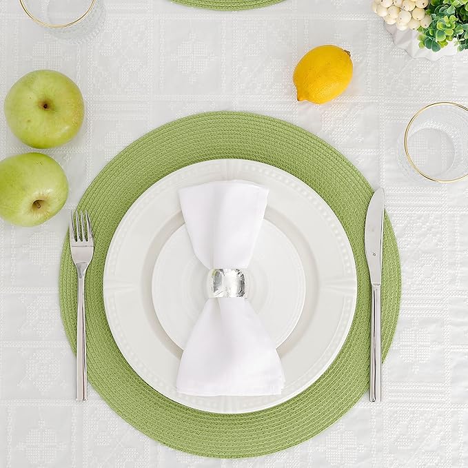 HODJOY Placemats Set of 6, Round Placemats for Dining Tables, Washable Woven Placemats for Christmas 15 inch (Pea Green)