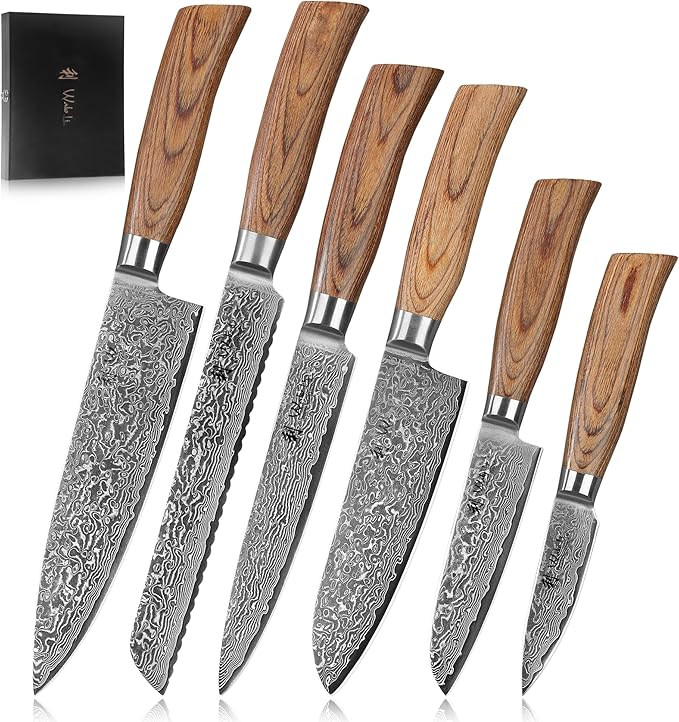 Wakoli EDIB Pro 6-Piece Damascus Knife Set ??Professional Chef Knives Set with VG10 Core Blades, 67-Layer Damascus Steel and Ergonomic Pakkawood Handles ??Premium Kitchen Knives in Elegant Gift Box