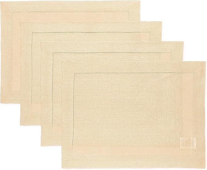 Solino Home Linen Placemats Set of 4 - Classic Hemstitch Beige Placemats 14 x 19 Inch - 100% Pure Linen Table Mats for Spring, Easter