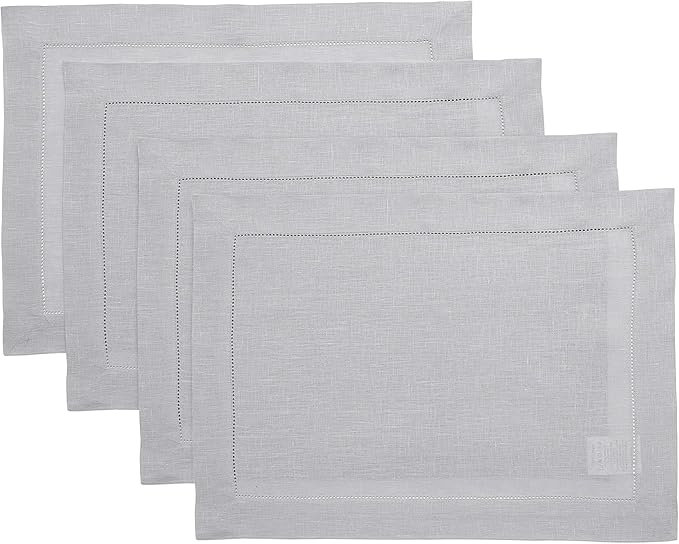 Solino Home Linen Placemats Set of 4 - Classic Hemstitch Soft Grey Placemats 14 x 19 Inch - 100% Pure Linen Table Mats for Winter, Spring, Easter