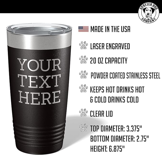 Personalized 20oz (17 Colors) Powder Coated Insulated Stainless Steel Tumbler with Lid, Custom Etched, Customized Text Message Name, Engraved Gift Idea Women Men Him Her, Your Text Here (Black)
