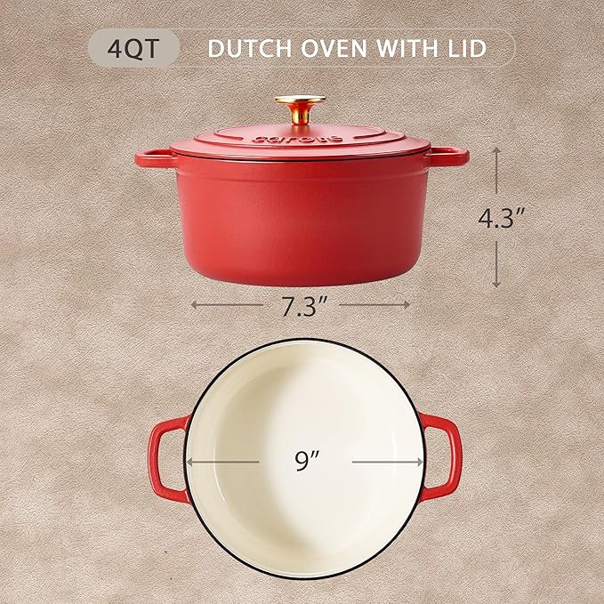 CAROTE Enameled Cast Iron Dutch Oven Pot with Lid, 4 QT Dutch Ovens, Heavy-Duty Cast Iron Pot for Sourdough Bread Baking, Braising, Stews, Roasting, Healthy & Non-Toxic, Dual Handles, All Stovetop Compatible, Oven Safe up to 500째 F, Red
