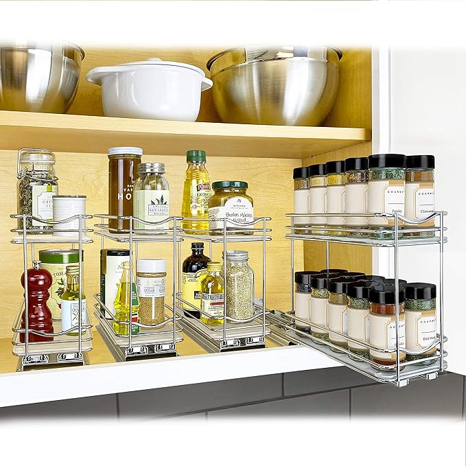LYNK PROFESSIONAL짰 Pull Out Spice Rack Organizer for Inside Kitchen Cabinets - 4-3/8 inch Wide - Slide Out Drawer ??Chrome Sliding Spice Cabinet Organization Shelf Racks - 2 Tier
