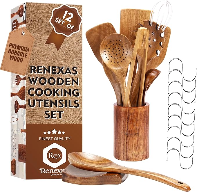 Natural Wooden Spoons for Cooking - 12 Pcs Non Teak Wooden Utensil Set Safe Kitchen Utensil Set with Nonstick Wood Spatula, Bamboo Wooden Cooking Utensils Set With Holder & 6 Hooks