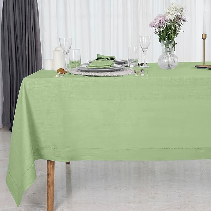 D'Moksha Homes Sage Green Linen Tablecloth for Rectangle Tables 60 x 144 Inch - 100% Pure Linen Green Table Cloth - Classic Hemstitch, Machine Washable Dining Tablecloth for St Patricks Day, Easter