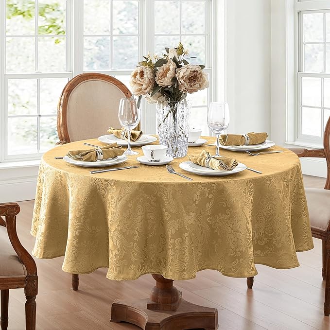 Elrene Home Fashions Caiden Elegance Damask Waterproof, Stain & Wrinkle Resistant Fabric Tablecloth, 60" x 84" Oval, Gold