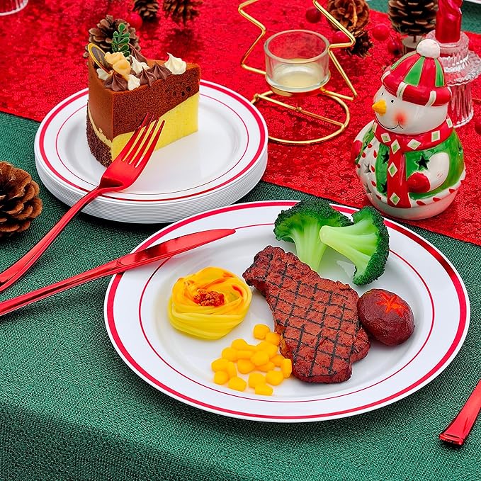 300PCS Red Dinnerware Set for 50 Guests, White and Red Plastic Disposable Plates for Party-50 Dinner Platos,50 Dessert Plates, 150 Silverware Set- Fancy Heavy Duty Party Plate