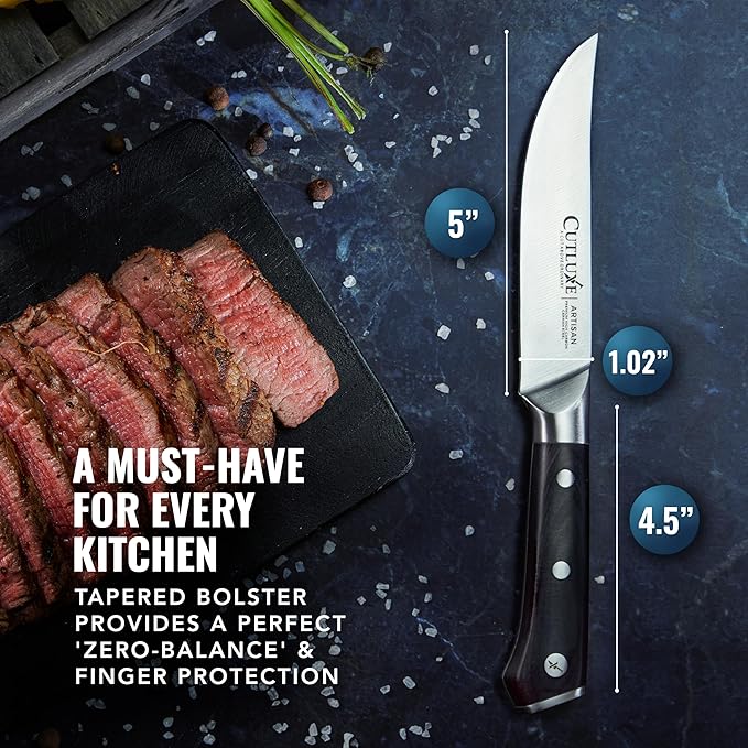 Cutluxe Steak Knives Set of 4, Straight Edge Steak Knife Set ??Forged High Carbon German Steel, Full Tang, Ergonomic Handle Design ??Artisan Series