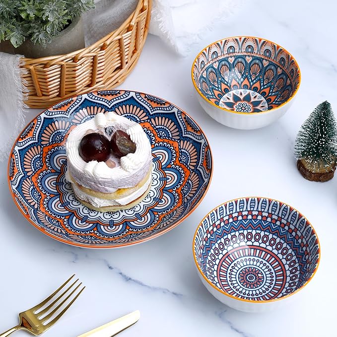 Bohemian Style Porcelain Dinnerware Set, 12-Piece Plates & Bowls, Microwave & Dishwasher Safe, Unique Pattern Gift Set